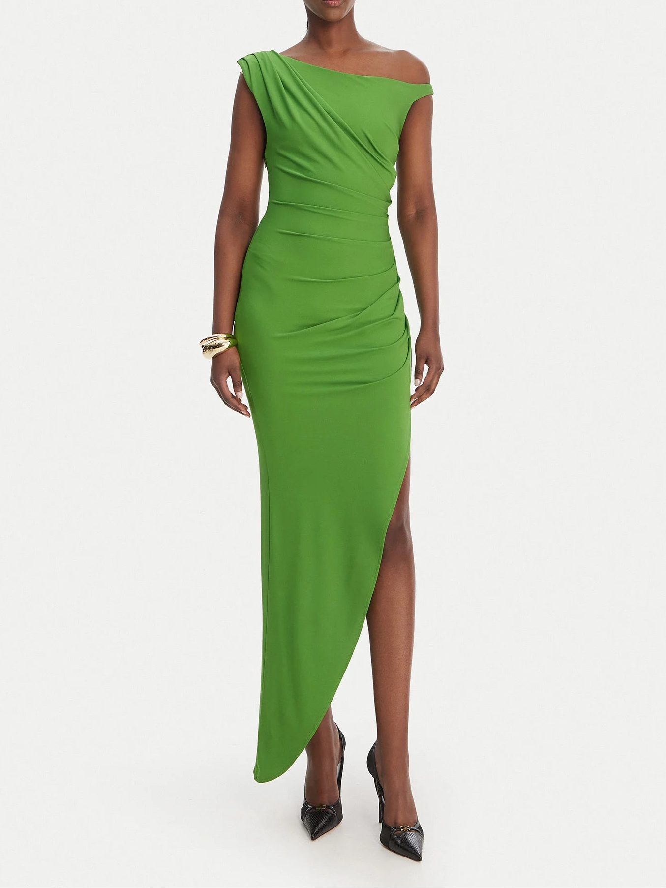 ELISABETTA FRANCHI Crêpe jersey dress with jewel shoulder strap AB90661E2 Aloe