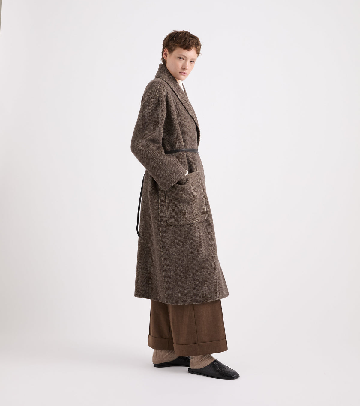 ALESSIA SANTI Cappotto in misto alpaca con cintura spinato  621SD35030 Marrone