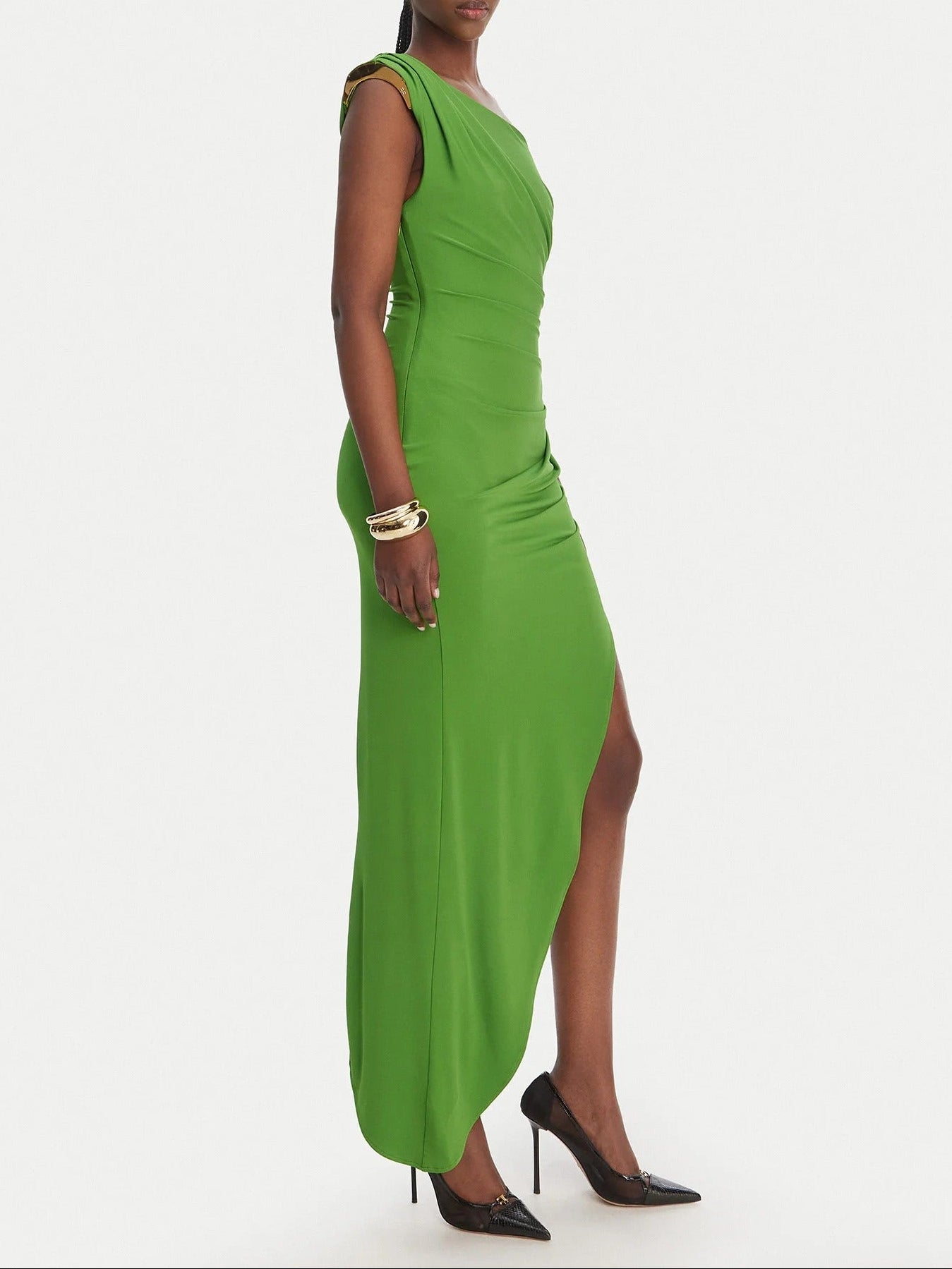 ELISABETTA FRANCHI Crêpe jersey dress with jewel shoulder strap AB90661E2 Aloe