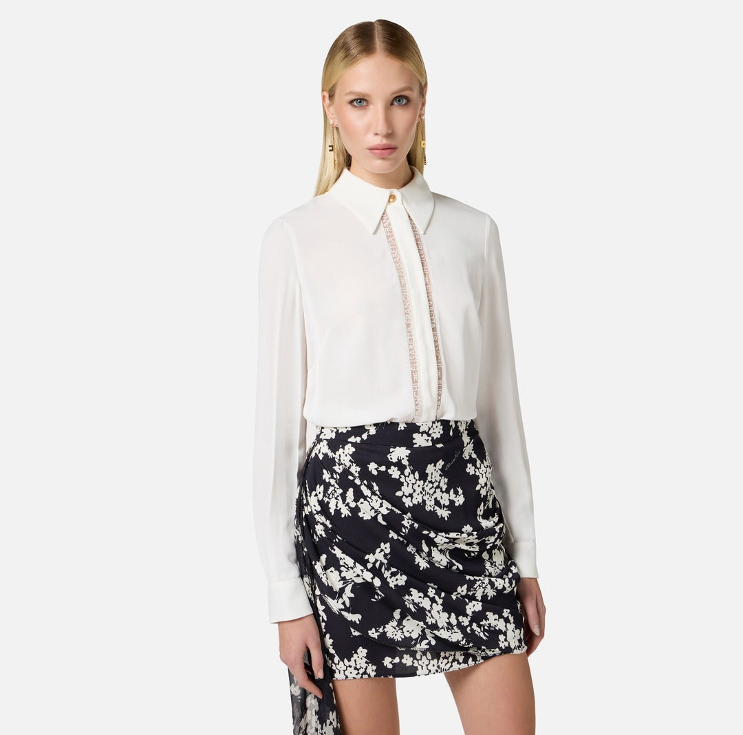ELISABETTA FRANCHI Camicia in georgette con bande lettering CA05451E2 Avorio