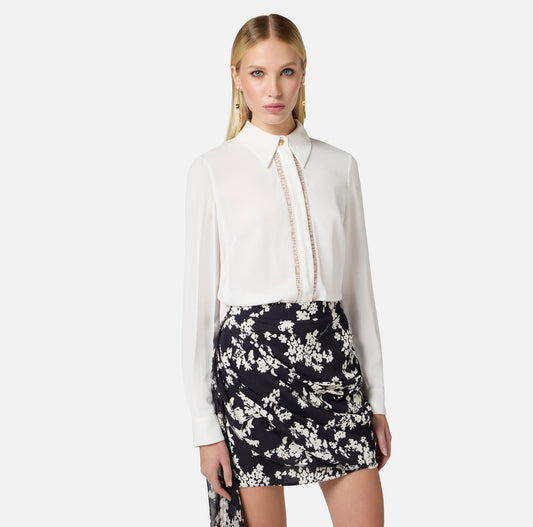 ELISABETTA FRANCHI Camicia in georgette con bande lettering CA05451E2 Avorio