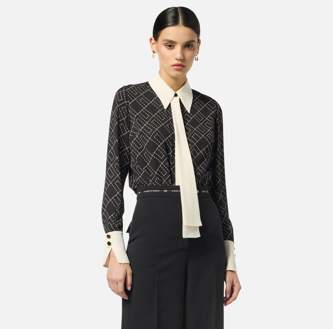 ELISABETTA FRANCHI Camicia in georgette con stampa bicolor CA10456E2 Nero Milk
