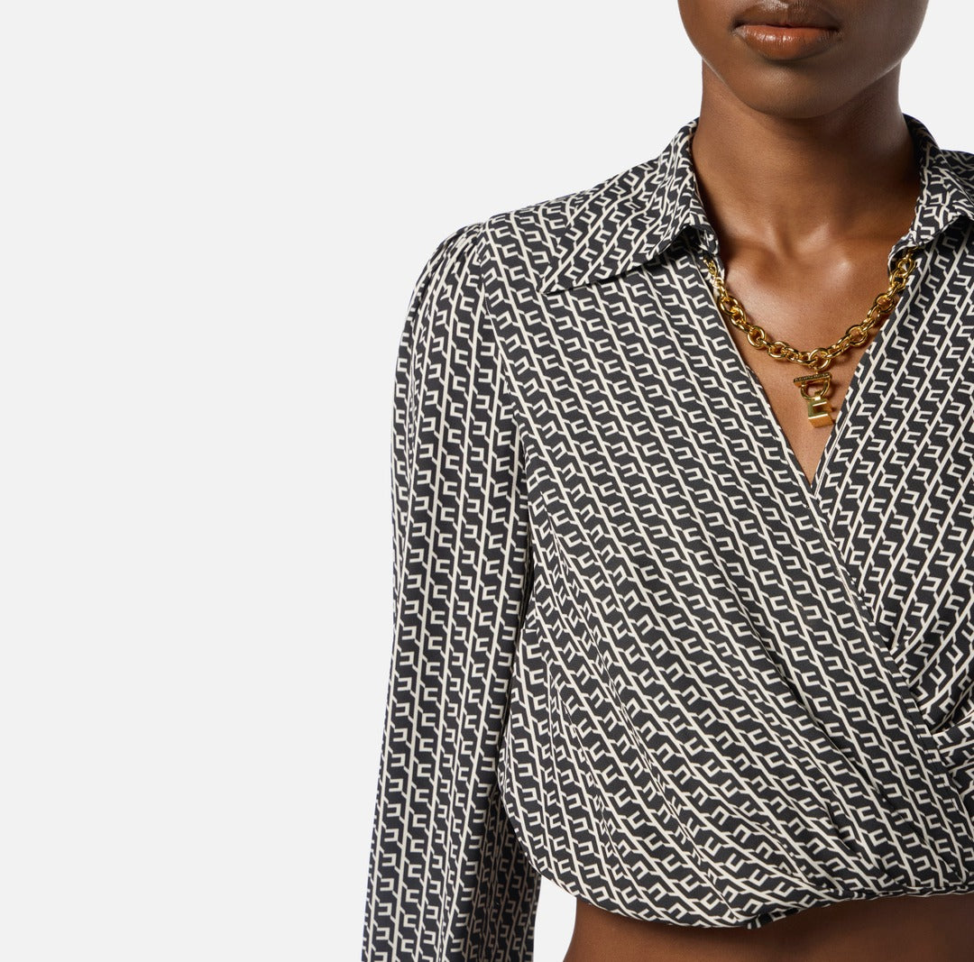 ELISABETTA FRANCHI Camicia in georgette con stampa geometrica CAS0256E2 Nero Milk