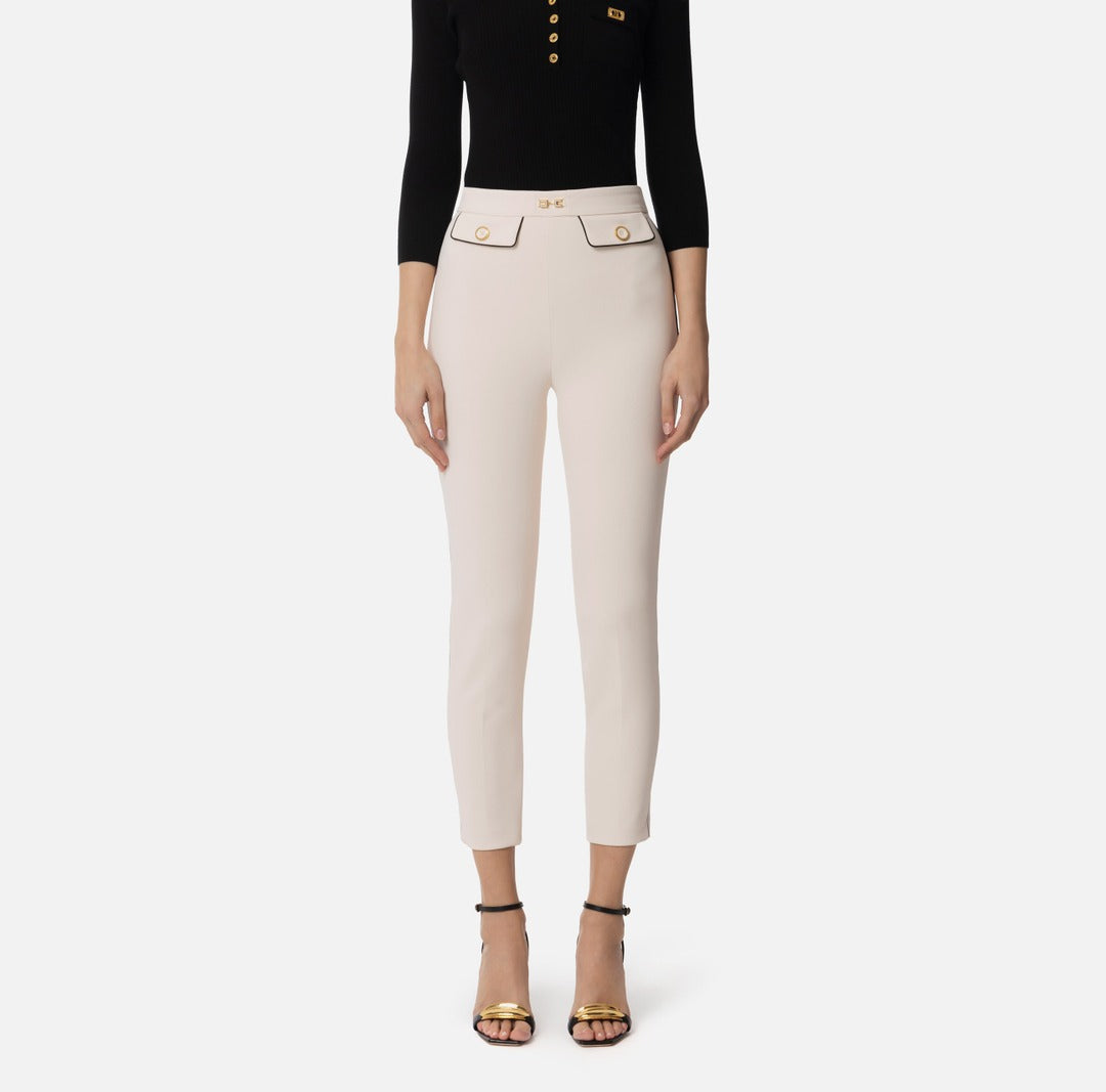 ELISABETTA FRANCHI Pantalone in Crepe con piping e morsetto gioiello PAT7151E2 Burro Nero