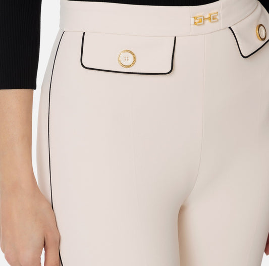 ELISABETTA FRANCHI Pantalone in Crepe con piping e morsetto gioiello PAT7151E2 Burro Nero