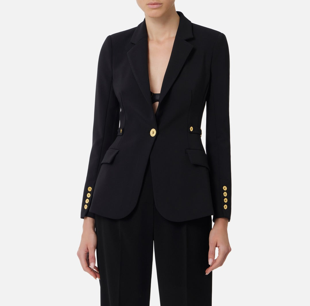 ELISABETTA FRANCHI Giacca in crepe leggero con dettagli gioiello GI17556E2 Nero
