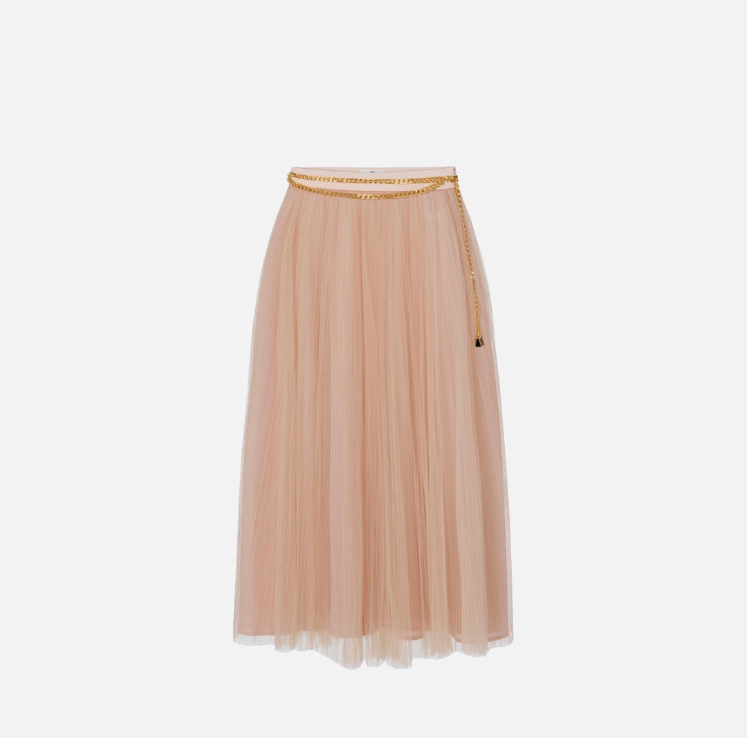 ELISABETTA FRANCHI Gonna in tulle con cintura gioiello GO15057E2 Nude
