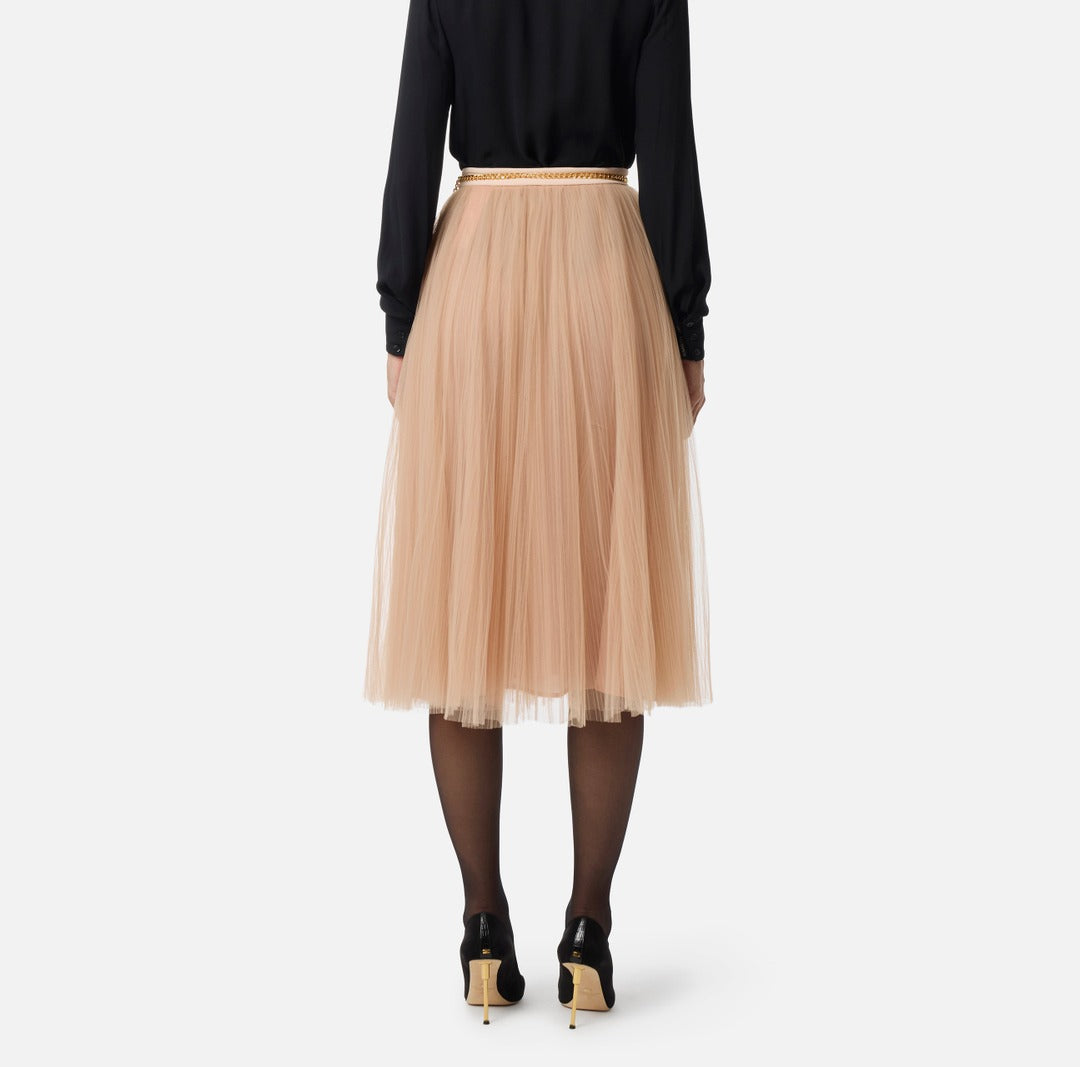 ELISABETTA FRANCHI Gonna in tulle con cintura gioiello GO15057E2 Nude