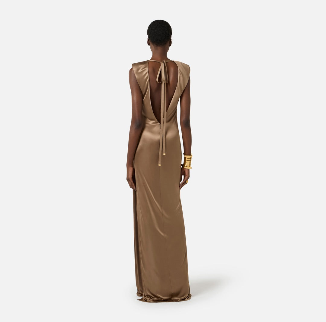 ELISABETTA FRANCHI Red Carpet glossy viscose jersey dress ABR2461E2 Clay