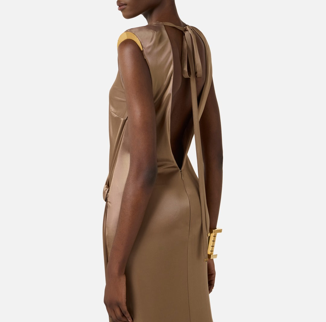 ELISABETTA FRANCHI Red Carpet glossy viscose jersey dress ABR2461E2 Clay
