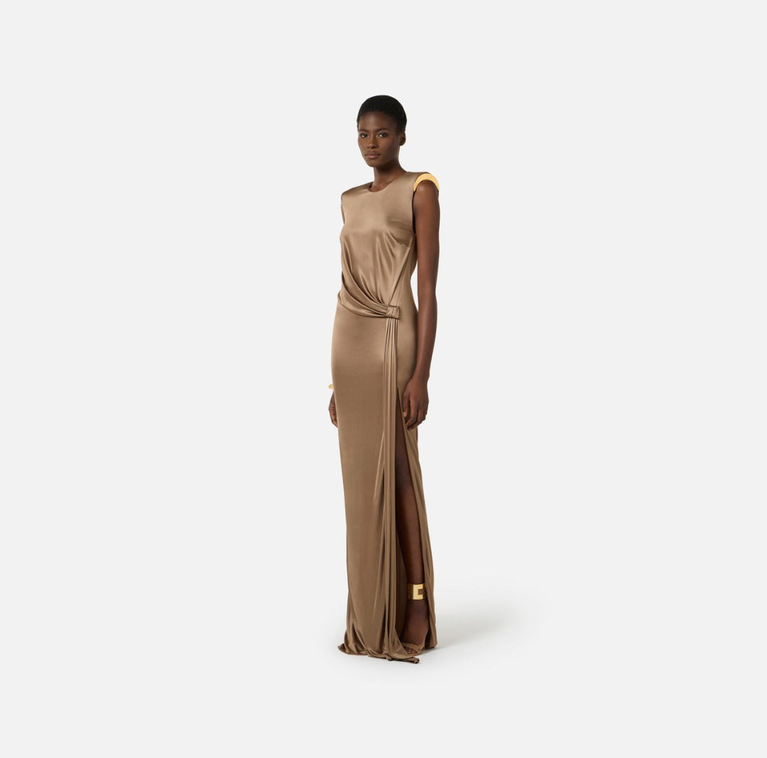 ELISABETTA FRANCHI Red Carpet glossy viscose jersey dress ABR2461E2 Clay