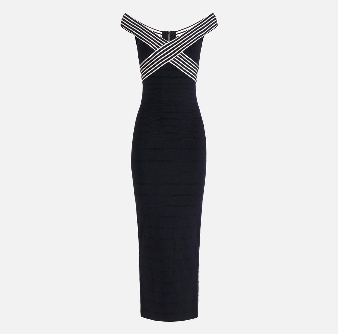 ELISABETTA FRANCHI Knitted long dress with striped bands AM75S61E2 Black Butter