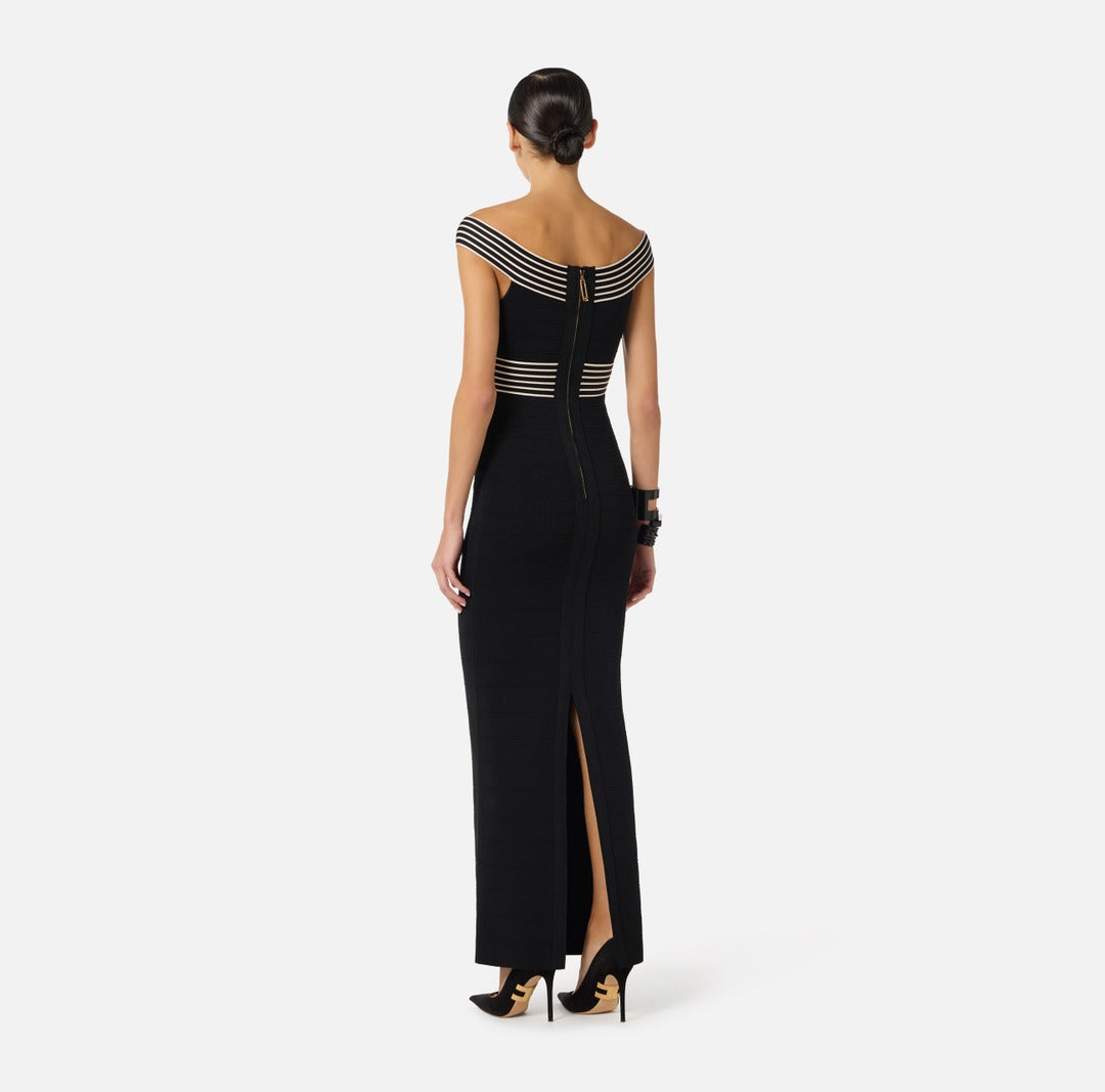 ELISABETTA FRANCHI Knitted long dress with striped bands AM75S61E2 Black Butter