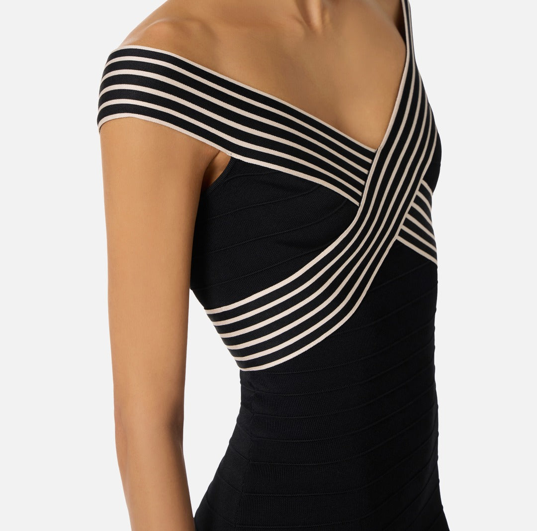 ELISABETTA FRANCHI Knitted long dress with striped bands AM75S61E2 Black Butter
