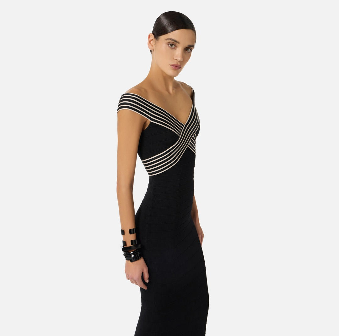 ELISABETTA FRANCHI Knitted long dress with striped bands AM75S61E2 Black Butter
