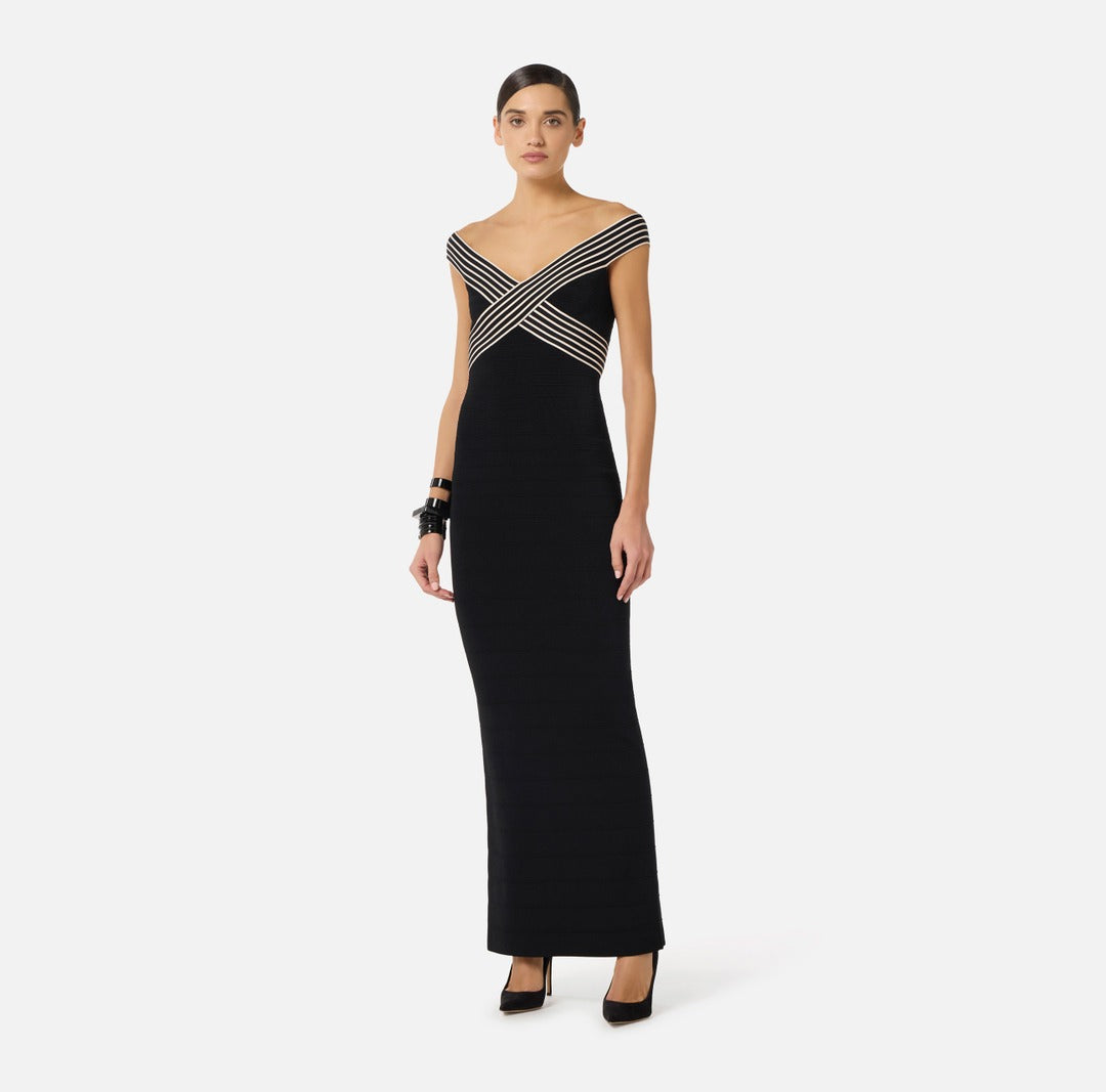 ELISABETTA FRANCHI Knitted long dress with striped bands AM75S61E2 Black Butter