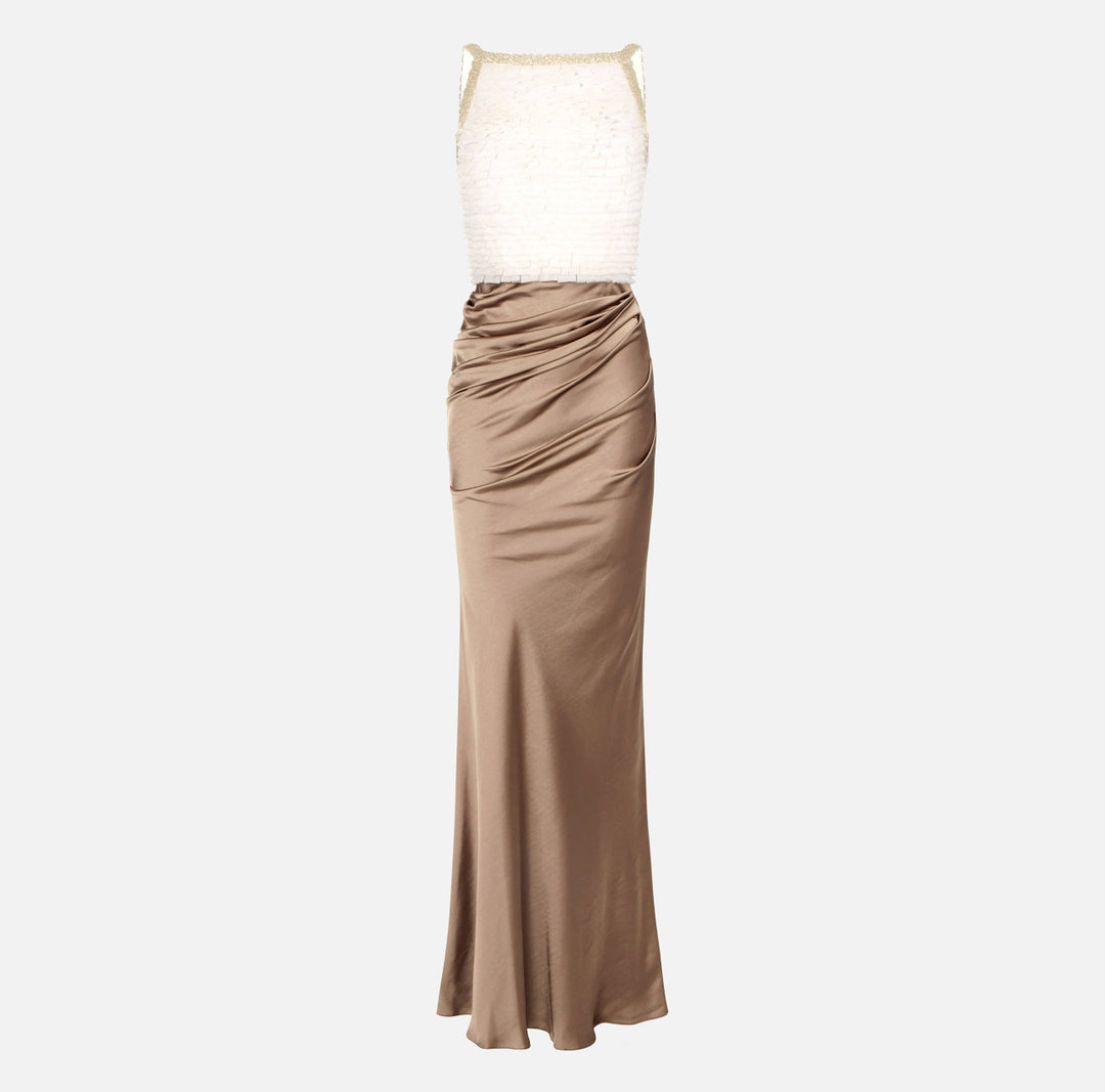 ELISABETTA FRANCHI Red Carpet satin and tulle dress ABR1762E2 Ivory Clay