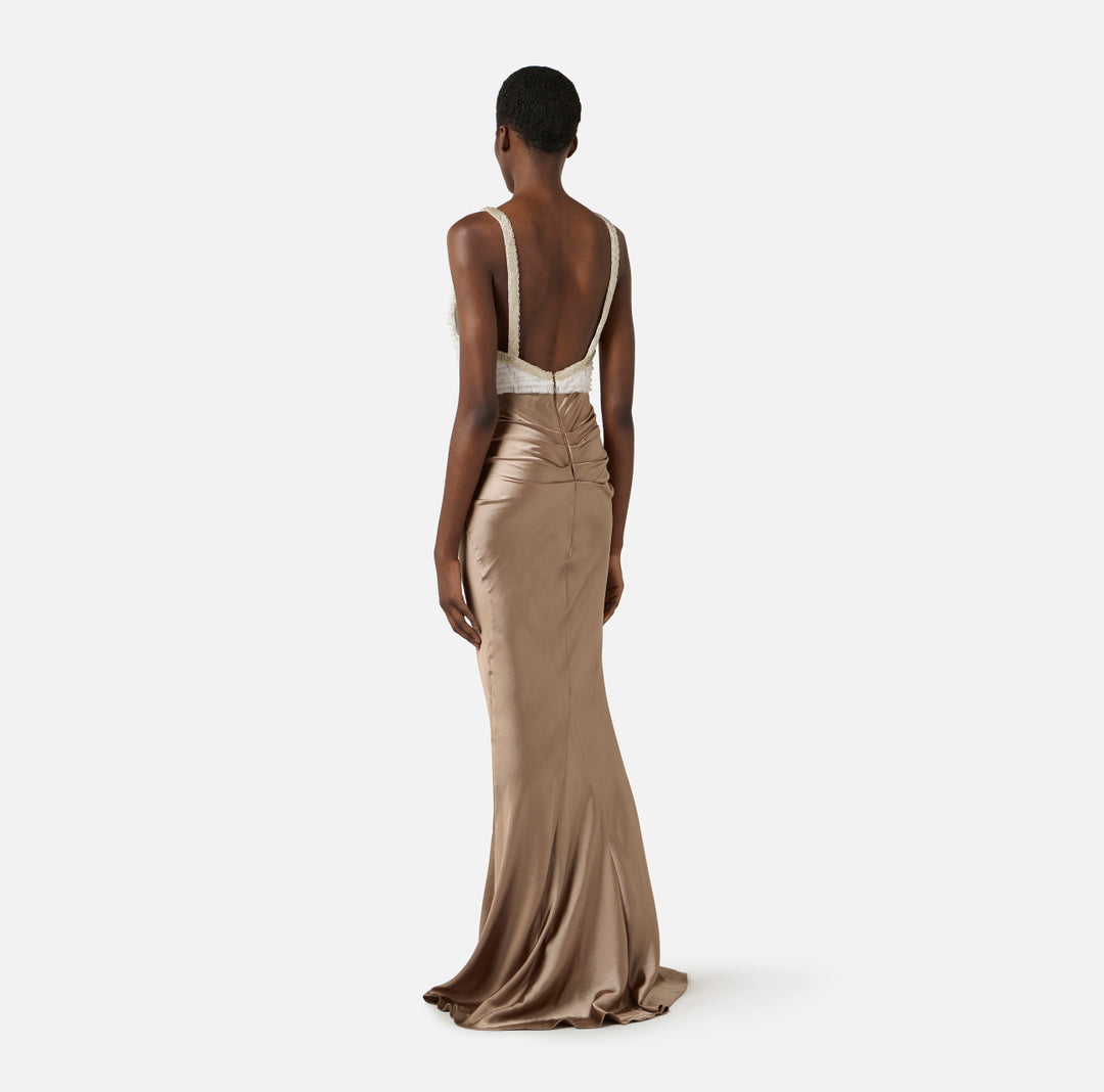 ELISABETTA FRANCHI Red Carpet satin and tulle dress ABR1762E2 Ivory Clay