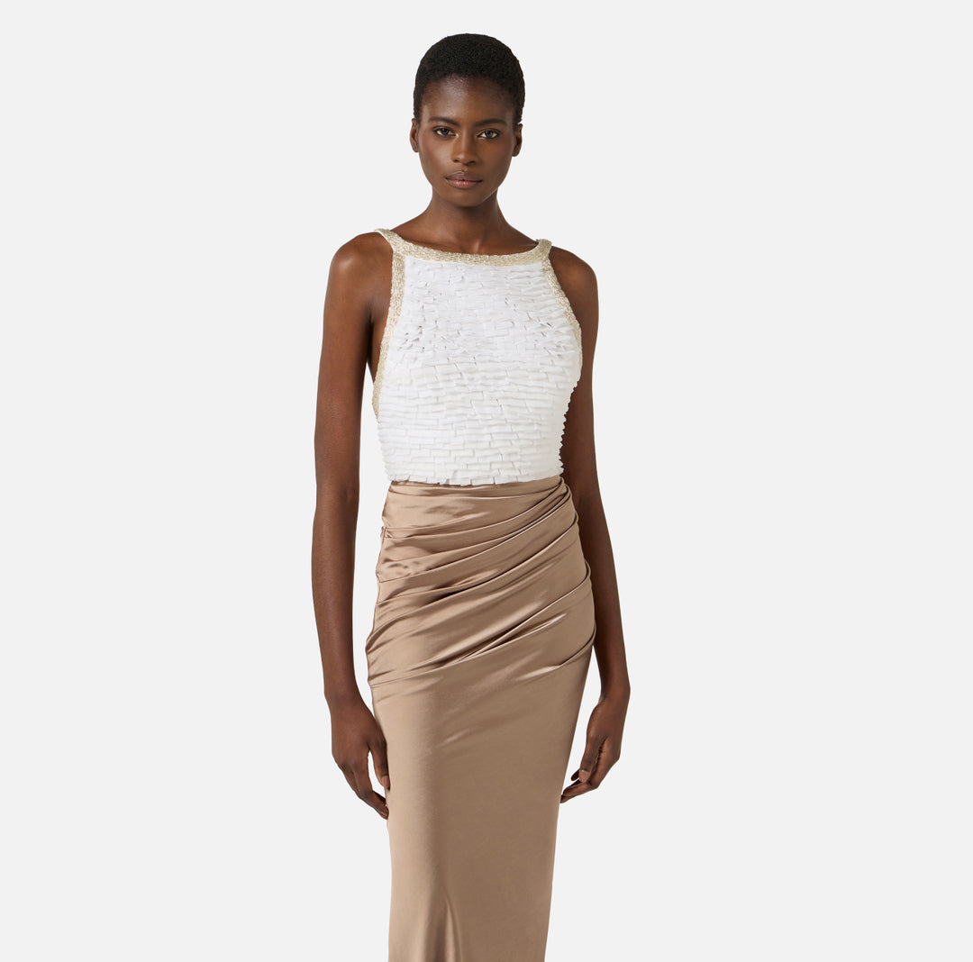 ELISABETTA FRANCHI Red Carpet satin and tulle dress ABR1762E2 Ivory Clay