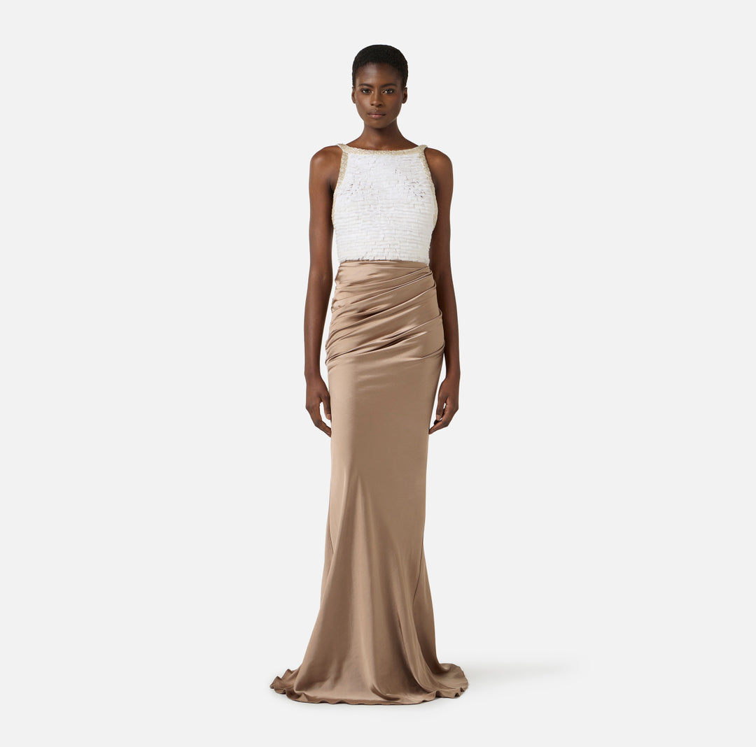 ELISABETTA FRANCHI Red Carpet satin and tulle dress ABR1762E2 Ivory Clay