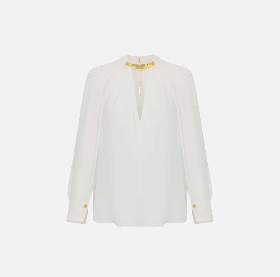 ELISABETTA FRANCHI Blusa in georgette di viscosa con dettaglio gioiello CA12961E2 Avorio