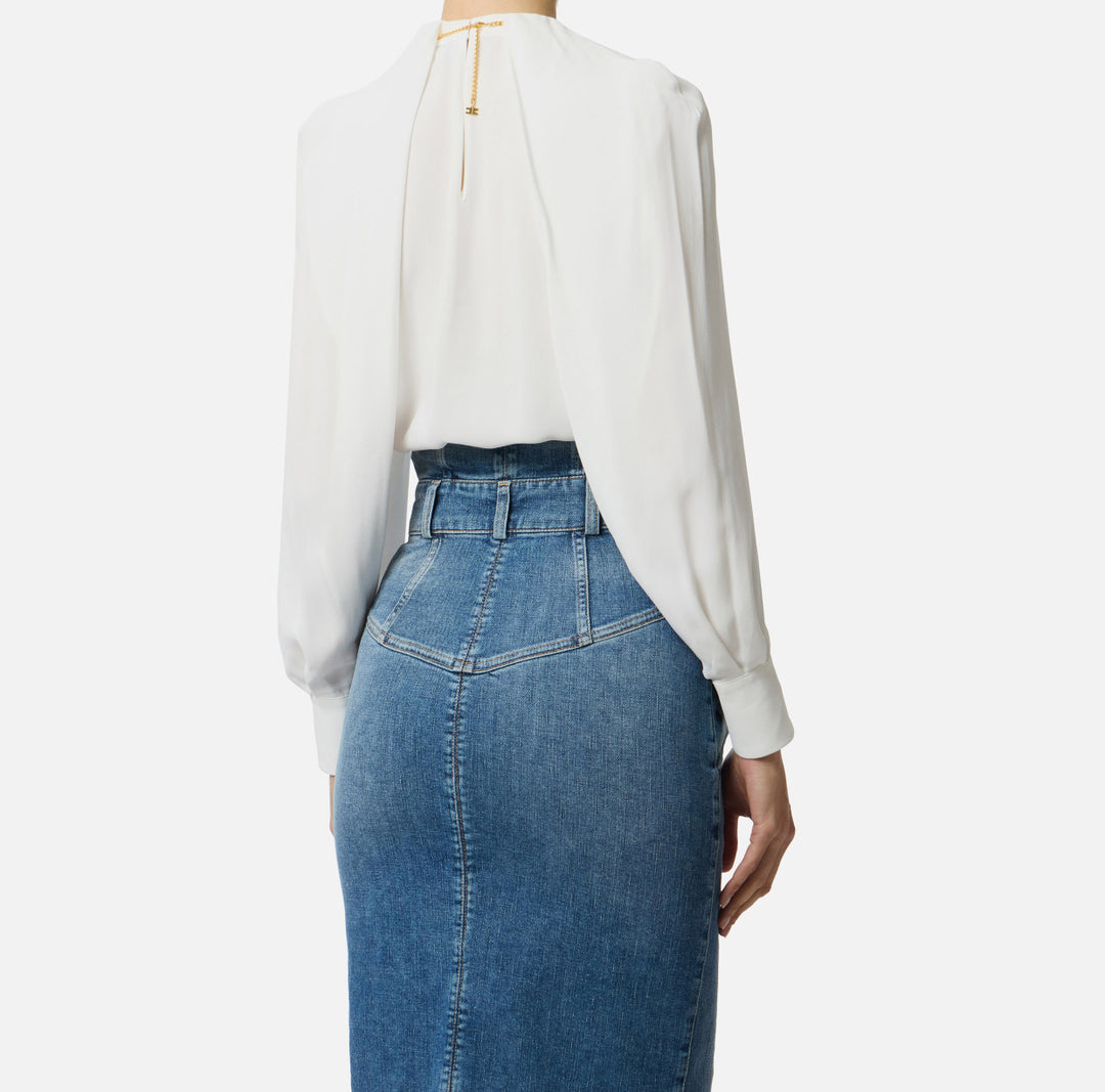 ELISABETTA FRANCHI Blusa in georgette di viscosa con dettaglio gioiello CA12961E2 Avorio