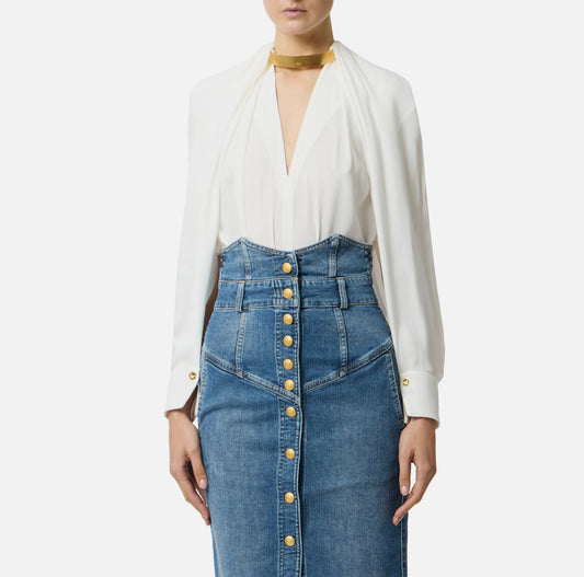 ELISABETTA FRANCHI Blusa in georgette di viscosa con dettaglio gioiello CA12961E2 Avorio