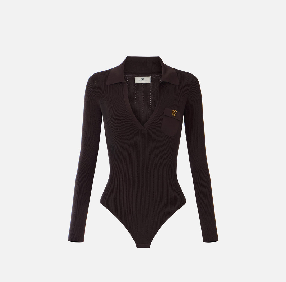 ELISABETTA FRANCHI Body in maglia con ricami à jour BK02B66E2 Dark Chocolate
