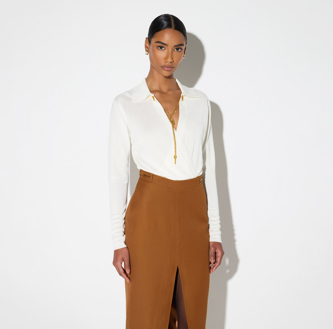 ELISABETTA FRANCHI Body in filato di viscosa con catena gioiello BK03S66E2 Burro