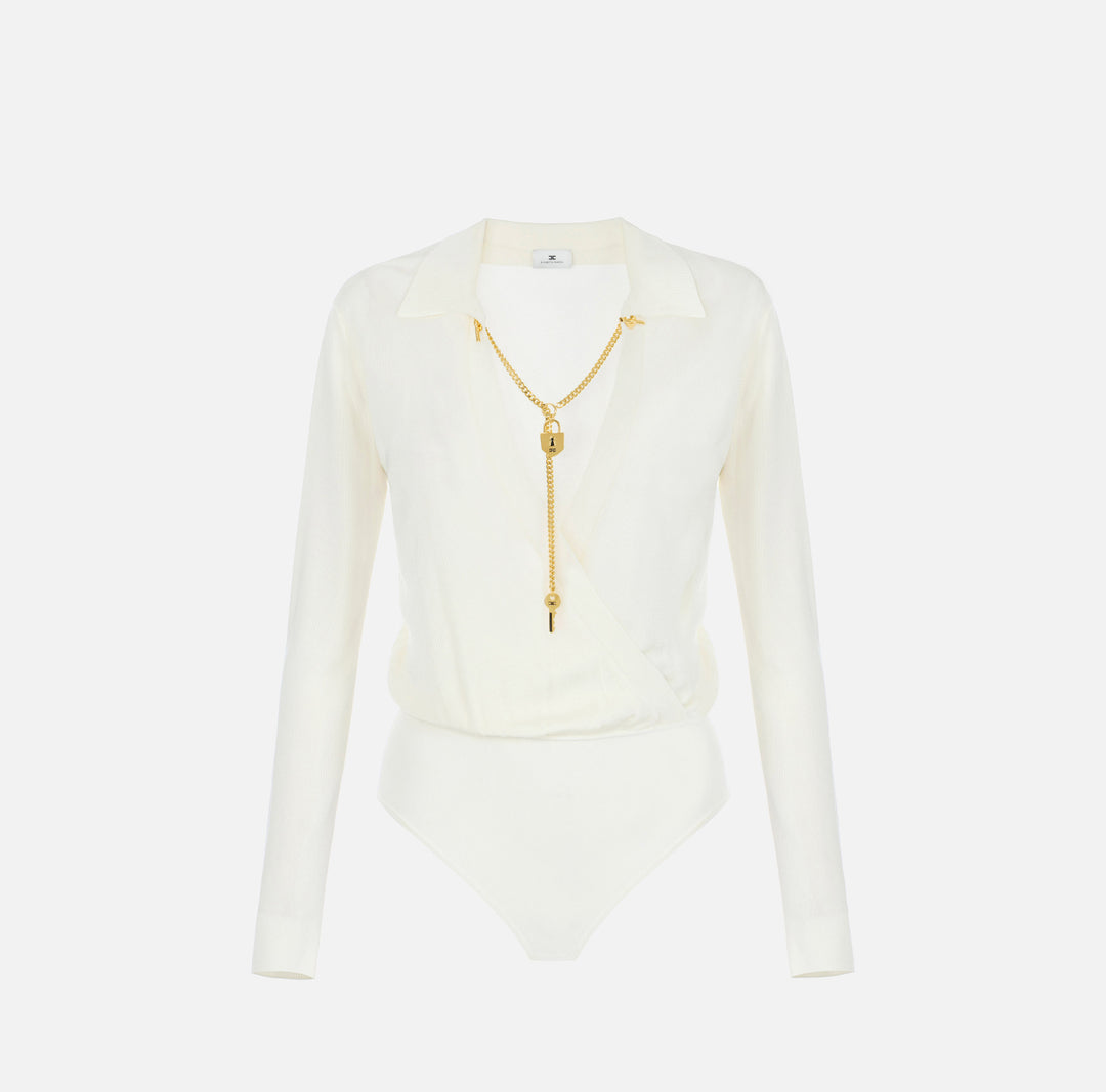 ELISABETTA FRANCHI Body in filato di viscosa con catena gioiello BK03S66E2 Burro