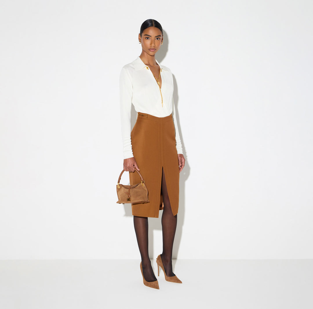 ELISABETTA FRANCHI Body in filato di viscosa con catena gioiello BK03S66E2 Burro