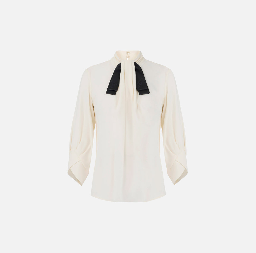 ELISABETTA FRANCHI Camicia Blusa in georgette con cravattino CA17866E2 Burro-Nero