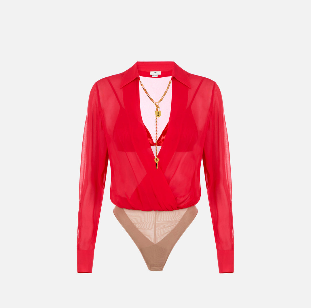 ELISABETTA FRANCHI Camicia Body in georgette con catena gioiello CB00966E2 Red Passion