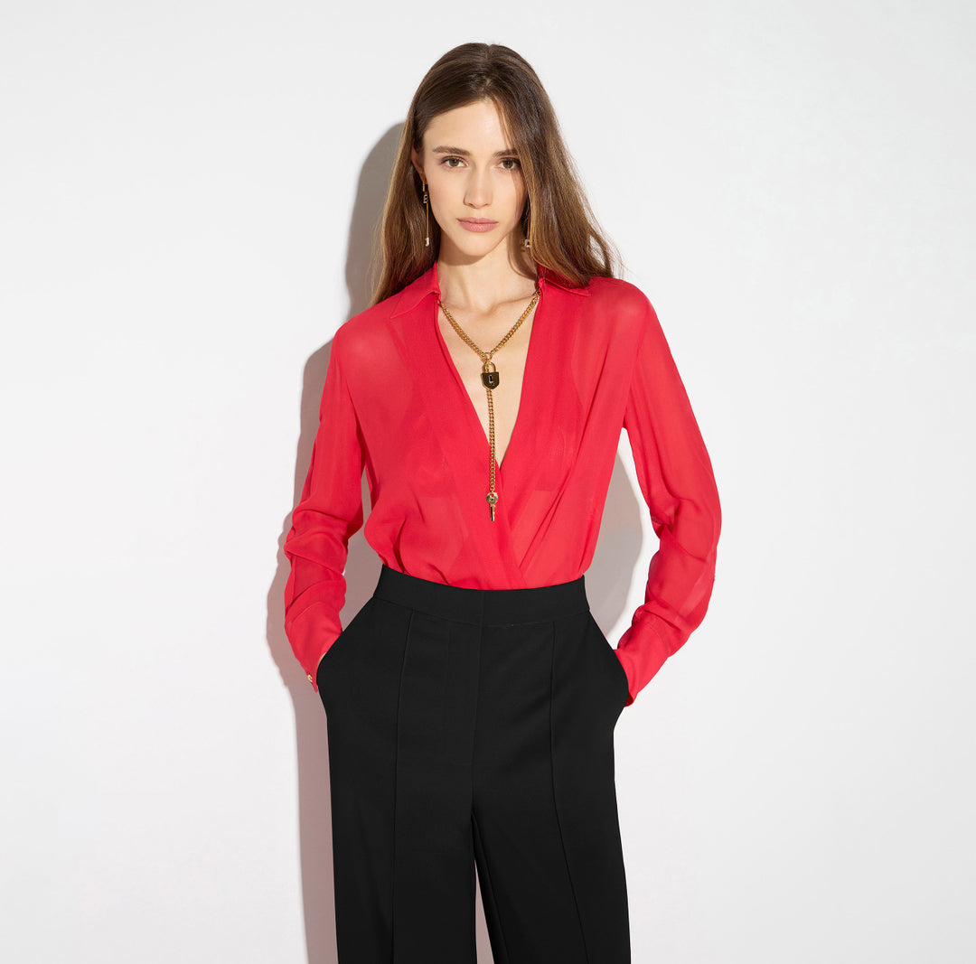ELISABETTA FRANCHI Camicia Body in georgette con catena gioiello CB00966E2 Red Passion
