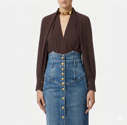 ELISABETTA FRANCHI Camicia in georgette con dettagli gioiello CA15961E2 Cacao