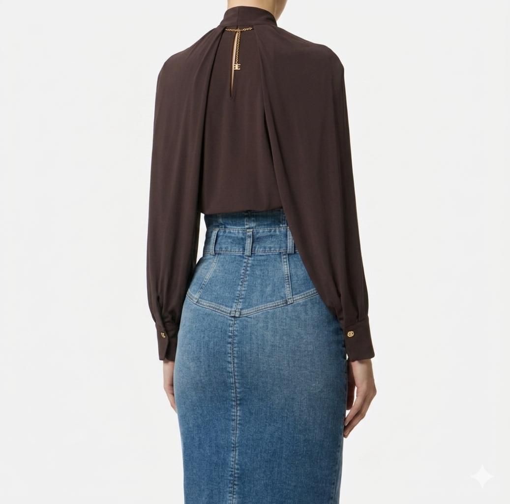 ELISABETTA FRANCHI Camicia in georgette con dettagli gioiello CA15961E2 Cacao