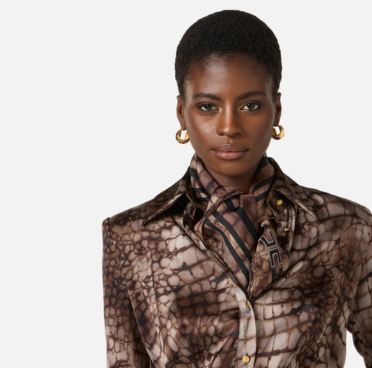 ELISABETTA FRANCHI Foulard in twill di seta con stampa alligatore FO24L61E2 Cacao