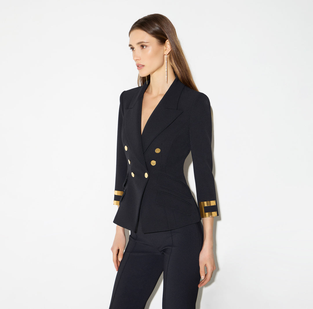 ELISABETTA FRANCHI Giacca in doppio crêpe stretch con logo gioiello GI26866E2 Nero