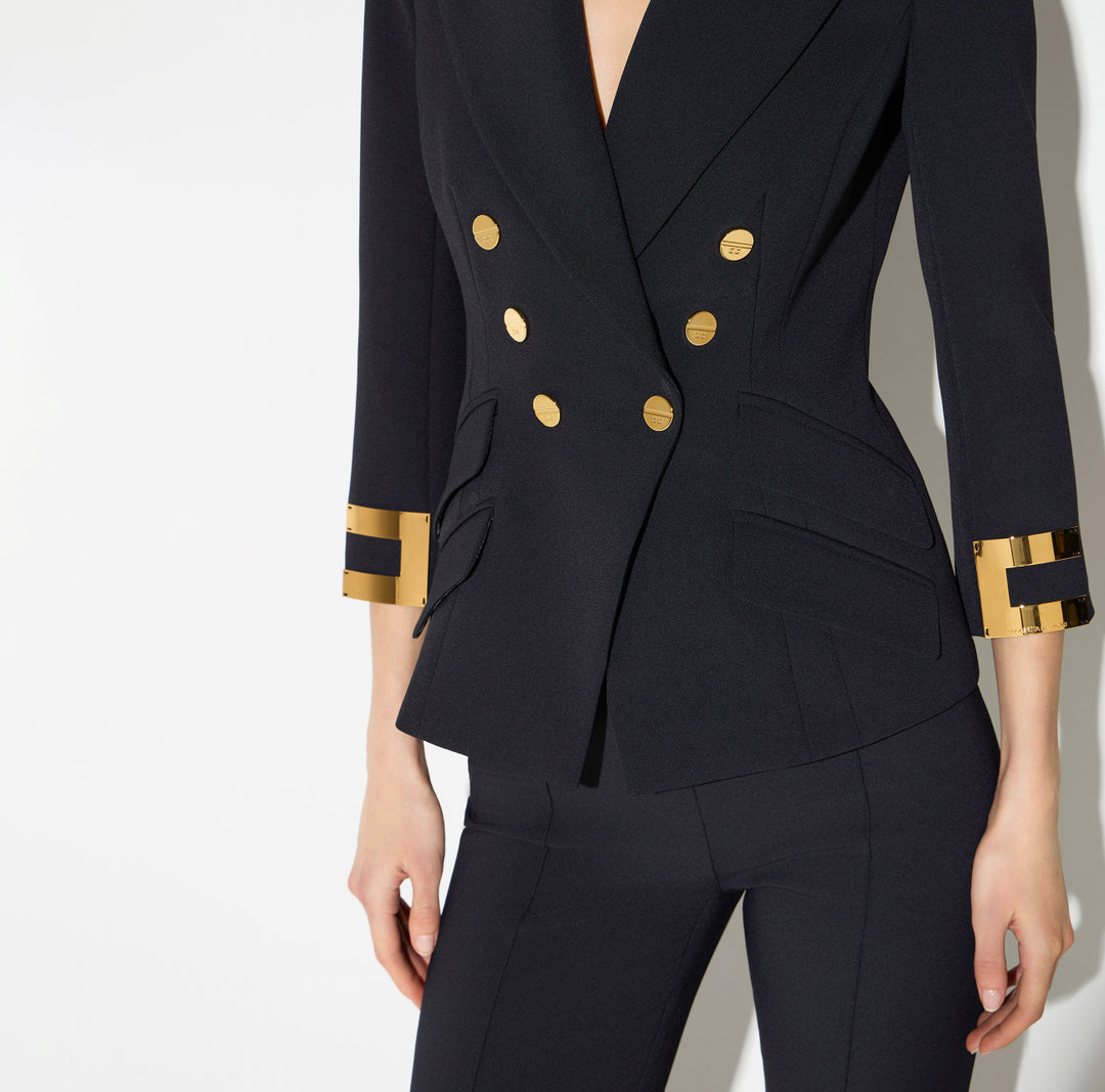 ELISABETTA FRANCHI Giacca in doppio crêpe stretch con logo gioiello GI26866E2 Nero