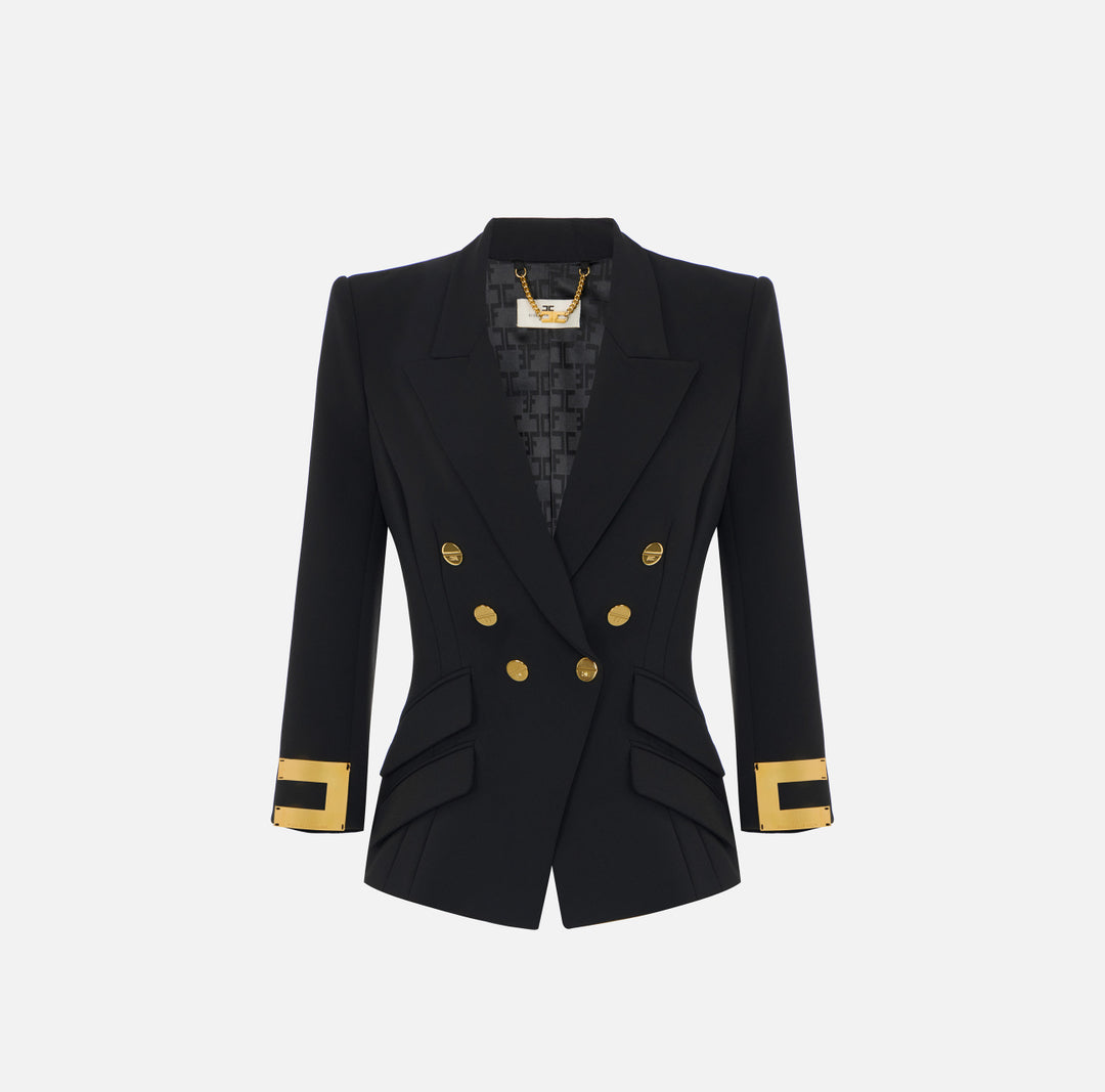 ELISABETTA FRANCHI Giacca in doppio crêpe stretch con logo gioiello GI26866E2 Nero