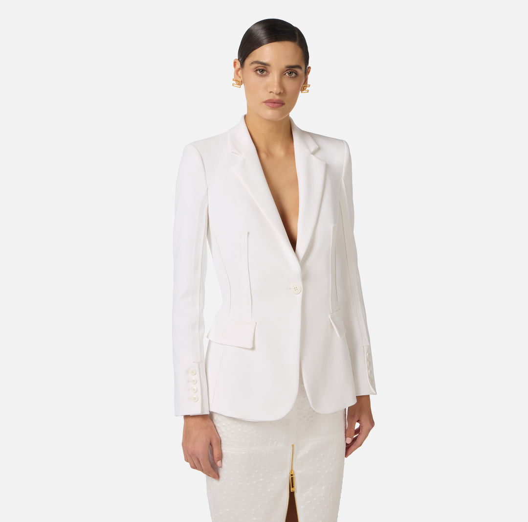 ELISABETTA FRANCHI Giacca in doppio crepe stretch con dettagli logo GI21661E2 Avorio