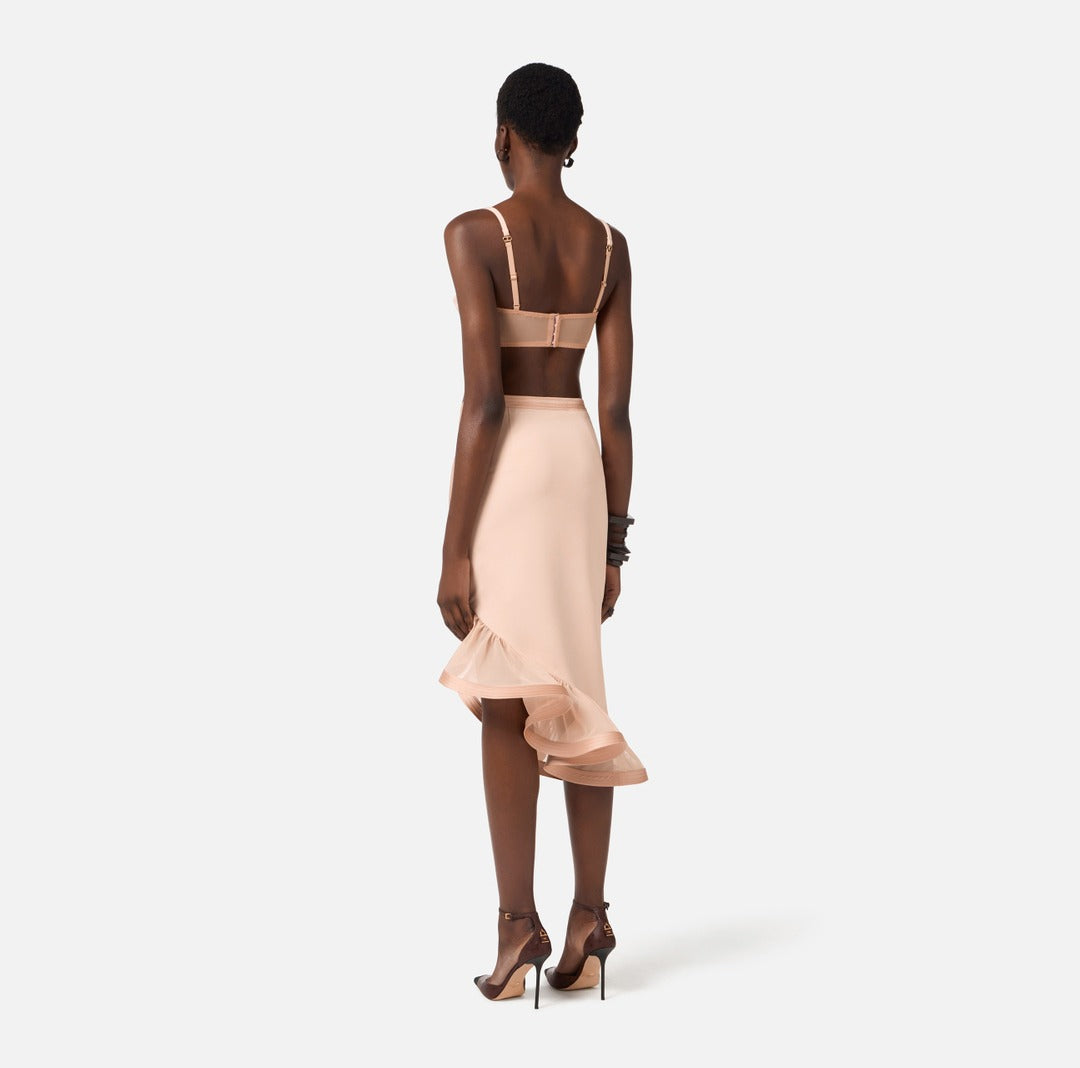ELISABETTA FRANCHI Crepe and satin skirt with flounce GO18062E2 Nude