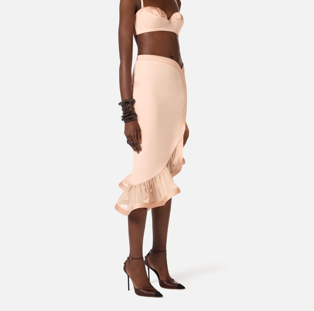 ELISABETTA FRANCHI Crepe and satin skirt with flounce GO18062E2 Nude
