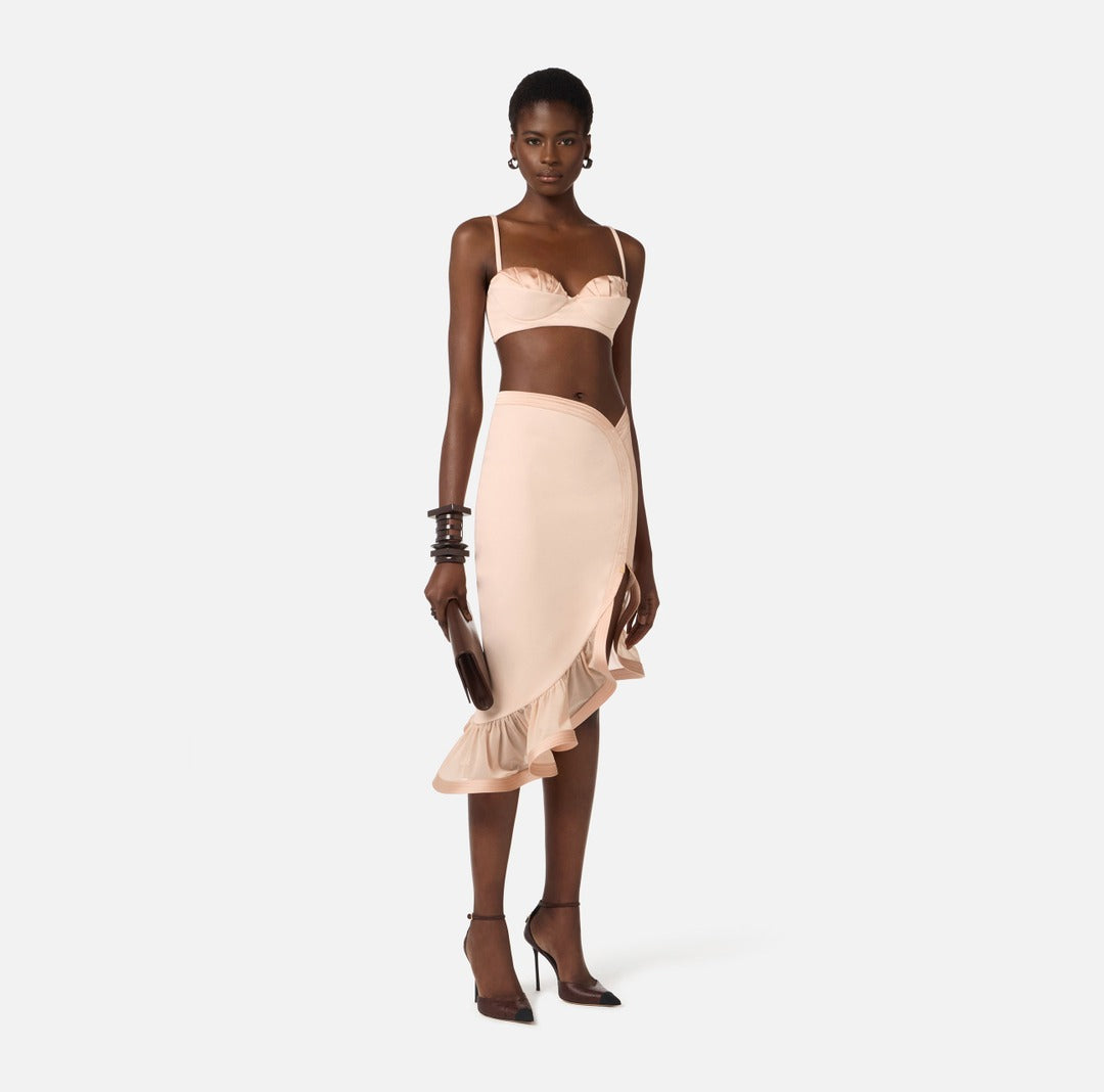 ELISABETTA FRANCHI Crepe and satin skirt with flounce GO18062E2 Nude