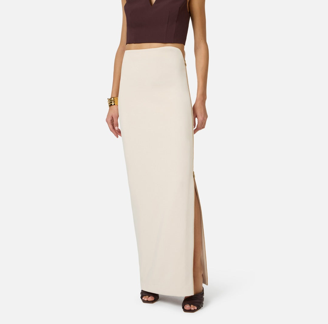 ELISABETTA FRANCHI Gonna in crepe leggero con zip gioiello GO16561E2 Burro