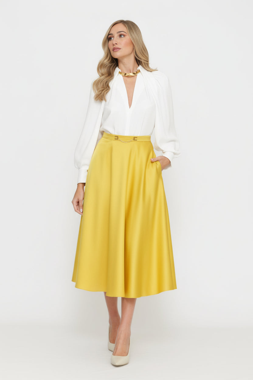 ELISABETTA FRANCHI Duchess satin skirt with jewelled logo GO15661E2 Sun