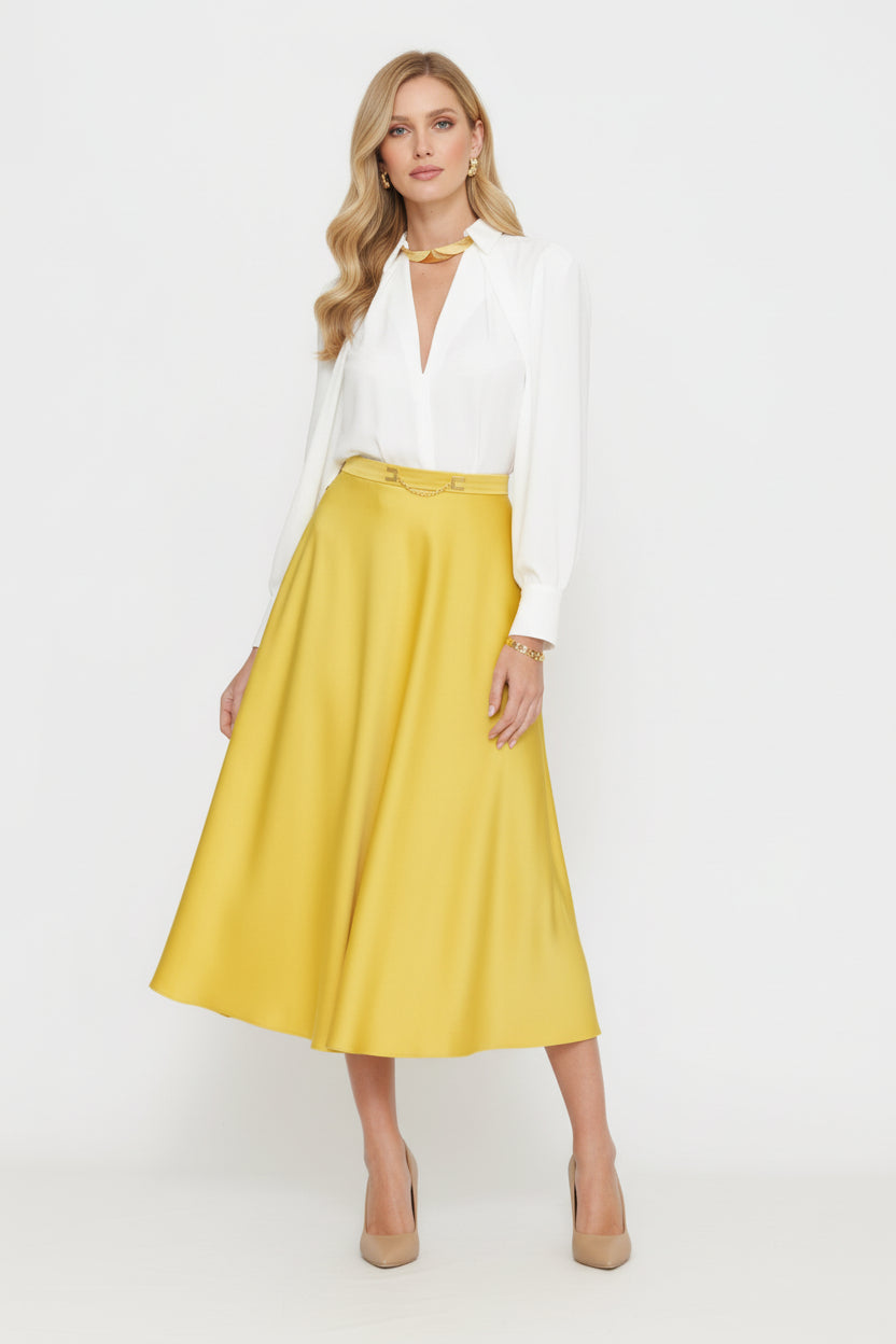 ELISABETTA FRANCHI Duchess satin skirt with jewelled logo GO15661E2 Sun