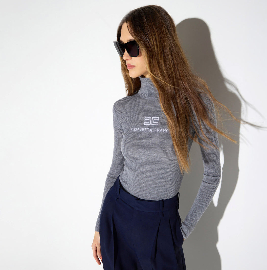 ELISABETTA FRANCHI Dolcevita in maglia a costine MK18B66E2 Grigio Melange Avorio