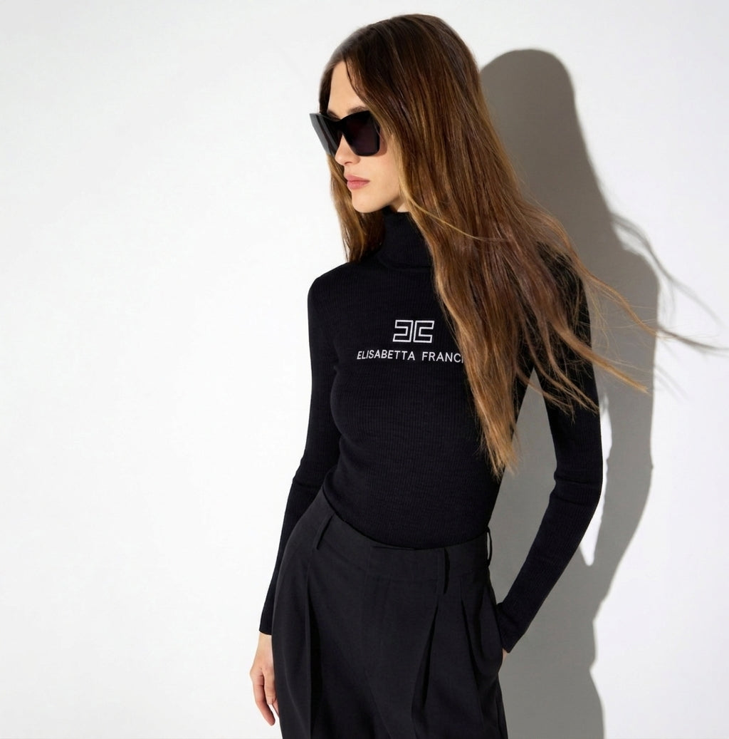 ELISABETTA FRANCHI Dolcevita in maglia a costine MK18B66E2 Nero-Burro