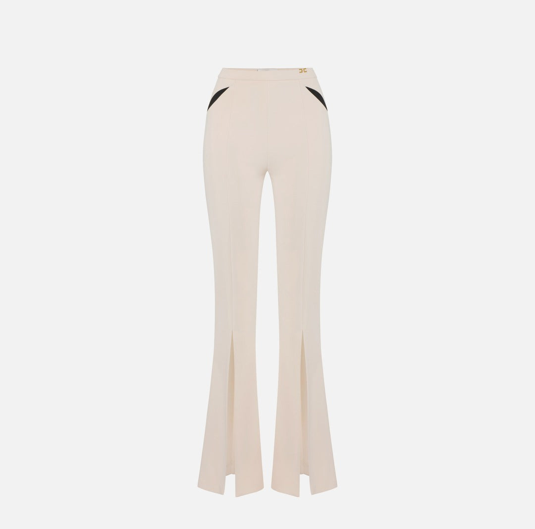 ELISABETTA FRANCHI Pantaloni in crepe leggero con cut out e spacchi PA15961E2 Burro Nero